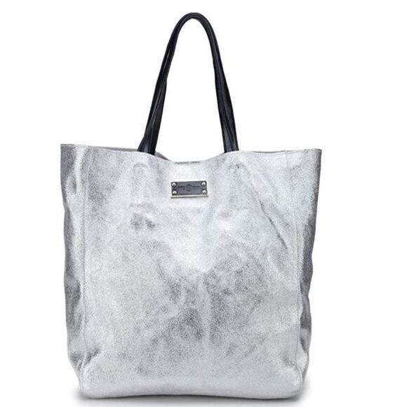 Genuine leather silver metallic tote bag